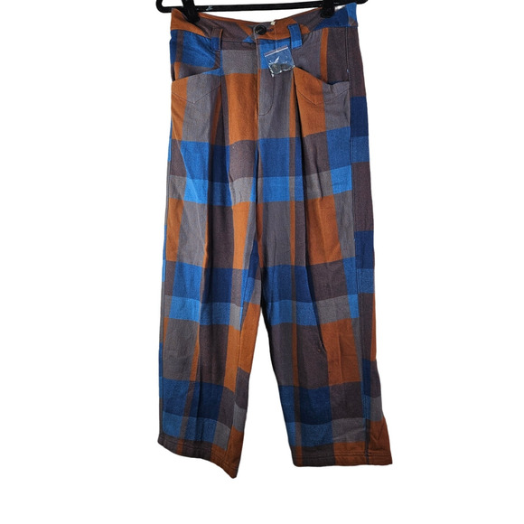 NEW Free People 2 Cass Slouch Trouser Pant Blue Brown Plaid Grunge Cowgirl - Picture 2 of 5